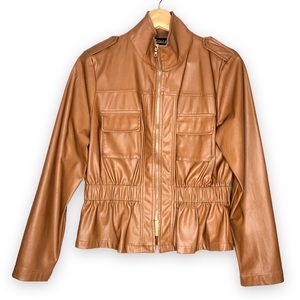 Brown Faux Leather Motorcycle Racer Jacket Zip-up Long sleeve empire waist